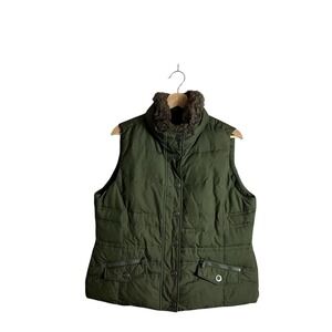 Eddie Bauer Petite Large Green Goose Down Faux Fur Collar Zip Snaps Pockets Vest